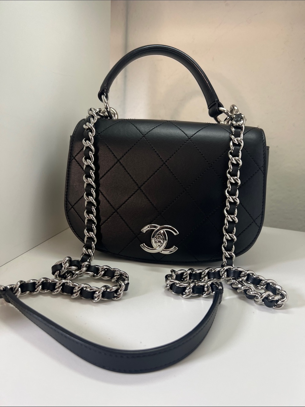 CHANEL Calfskin  Black Top Handle Chanel Ring My Bag flap Quilted crossbody